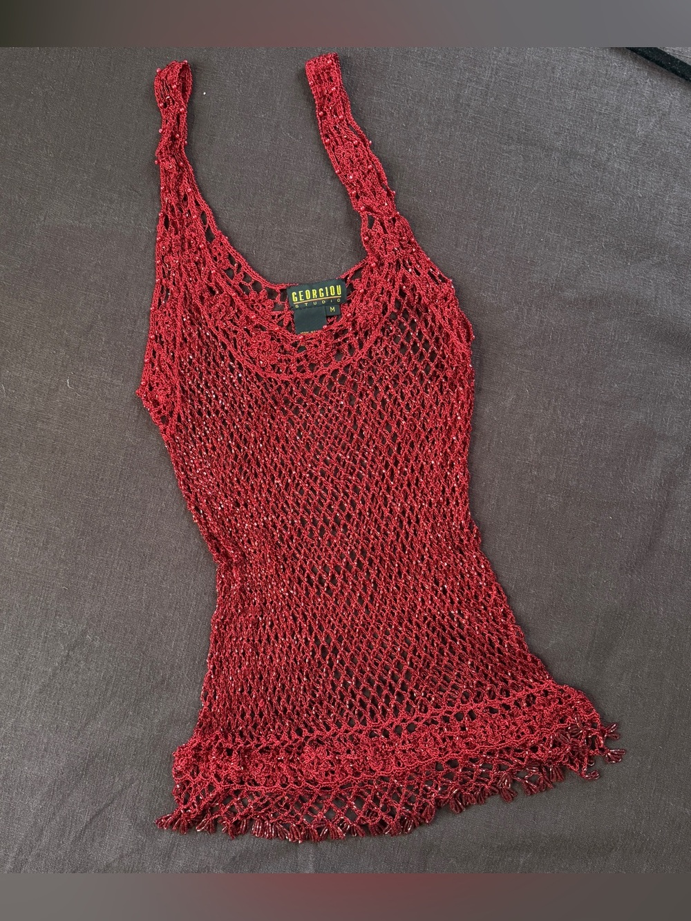 Georgiou Studio Vintage Y2K Beaded Crochet Mesh Tank Top Burgundy Size M Rayon